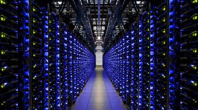 Modern cryptocurrency mining farm with rows of miners